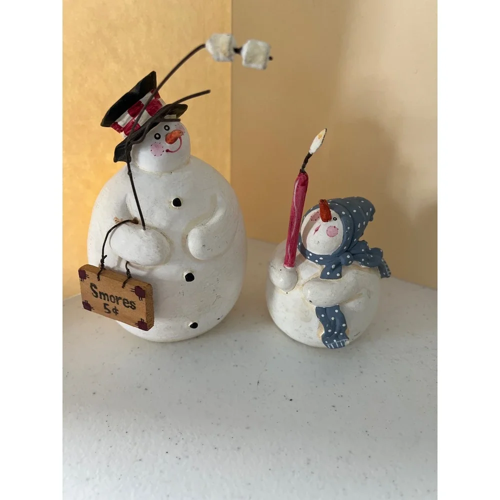 Sandi Gore Evans Snowman Figurines Set Smores Sign Candle Winter Folk Art Decor